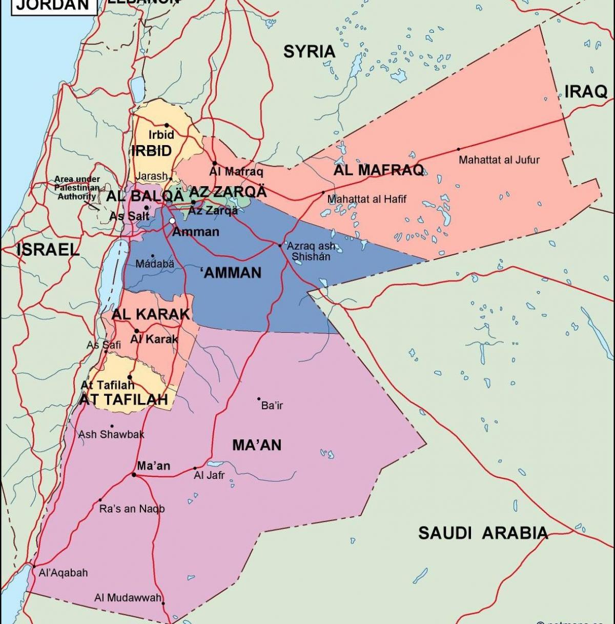 خريطة الأردن السياسية